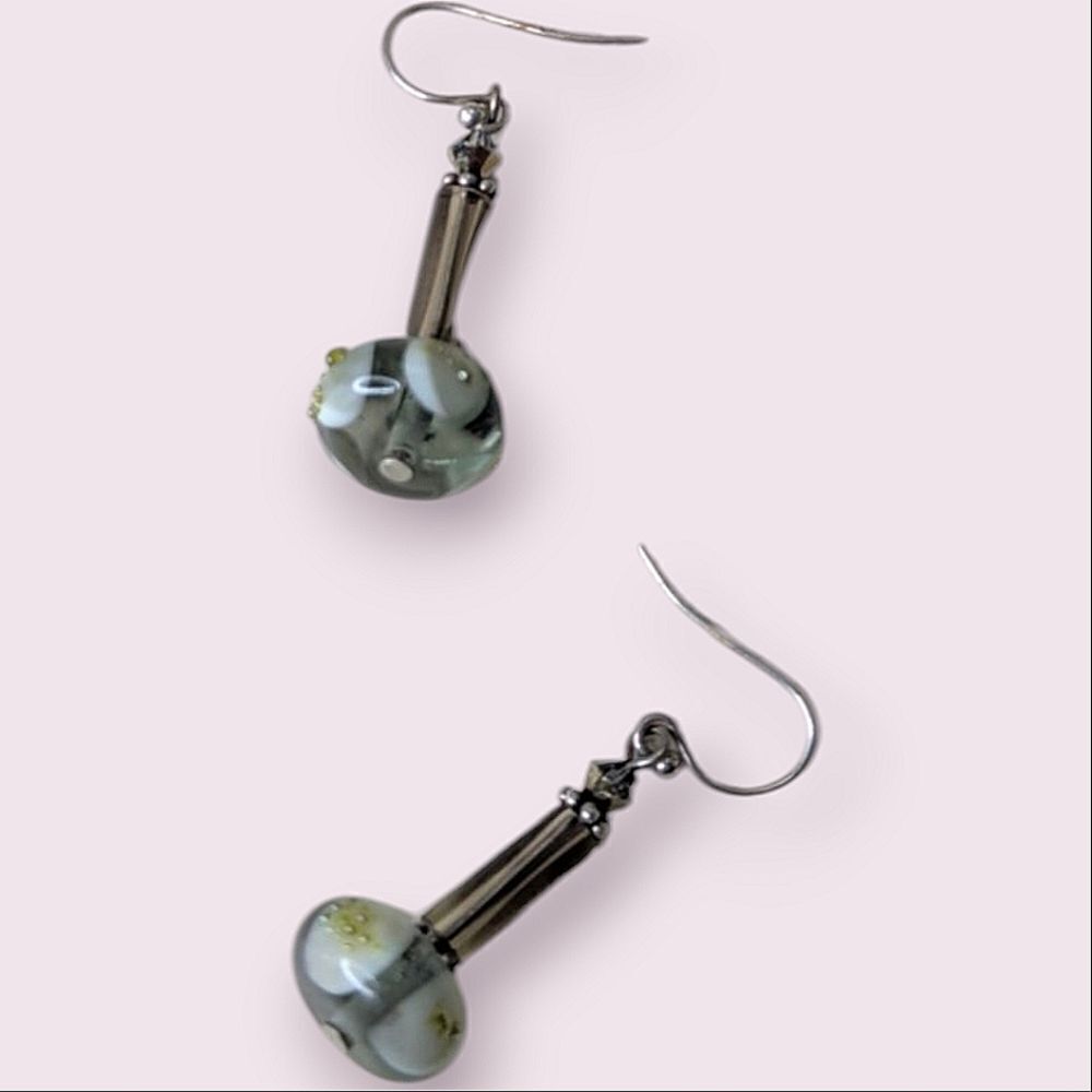 Elegant Grey and Green Glass Beaded Handcrafted Dangle Earrings